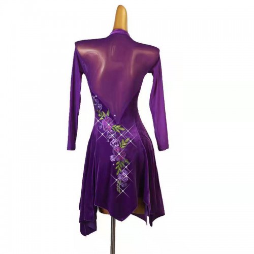 Purple Violet with rose flowers velvet competition latin dance dresses with diamond for women girls mesh back long sleeves sexy salsa rumba chacha dance dresses